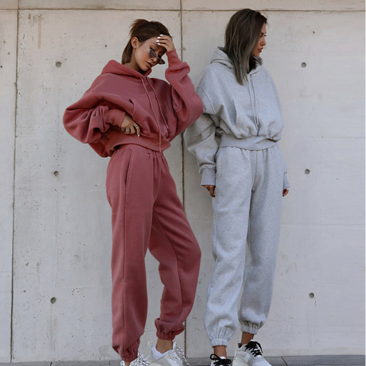 Damen kurzes Oversize-Kapuzenpullover-Set mit elastischer High-Waist-Jogginghose aus Baumwollfleece Drune