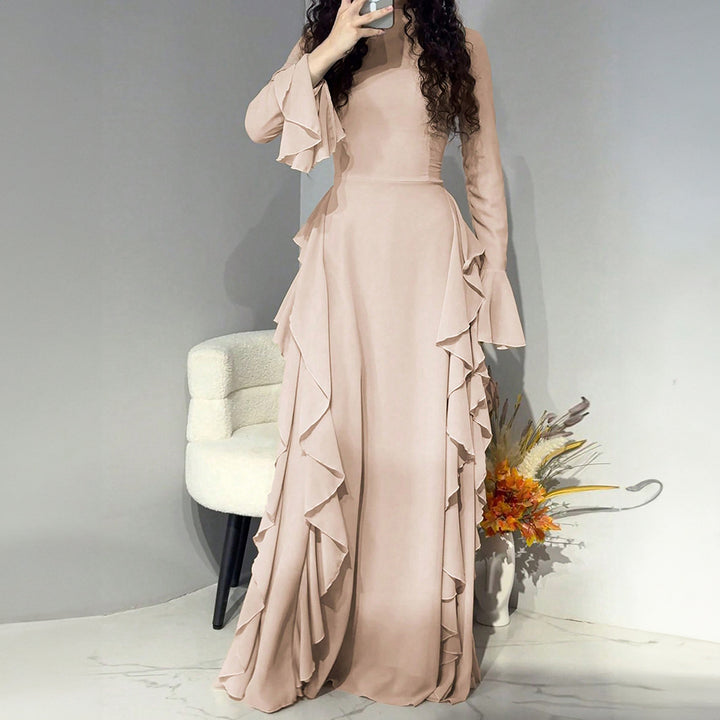 Damen nan Maxikleid mit Volantbesatz, taillierter Empire‑Silhouette und langen Glockenärmeln Drune
