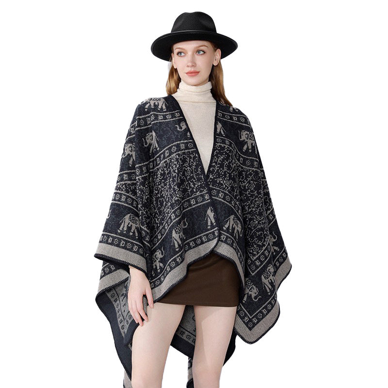 Damen Capeponcho im Wickelstil mit ornamentaler Jacquardstruktur und offenem Kimono-Fall Drune