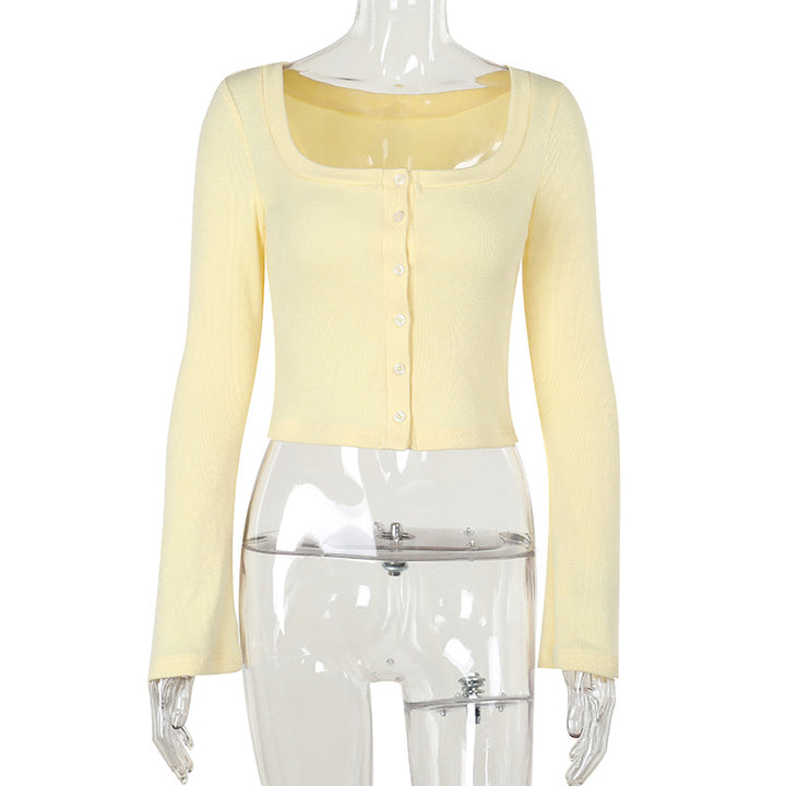 Damen Cropped Langarmshirt mit Knopfleiste und weitem Ausschnitt Drune