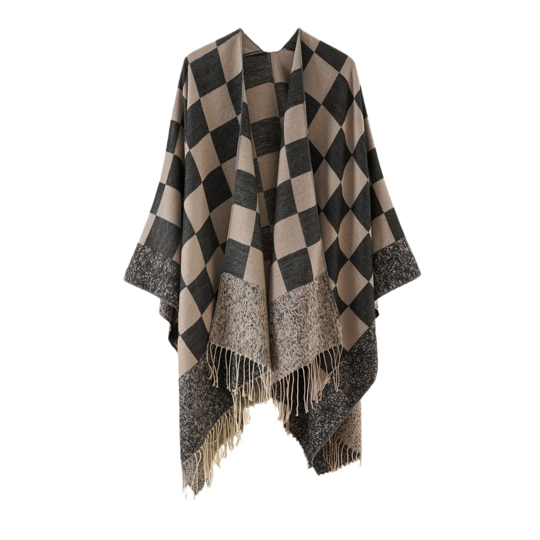 Damen Oversize-Poncho mit Karomuster und Fransen Drune