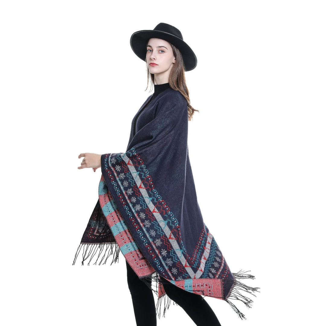 Damen Wollmix-Kimono-Poncho mit Norwegerbordüre und Fransen Drune
