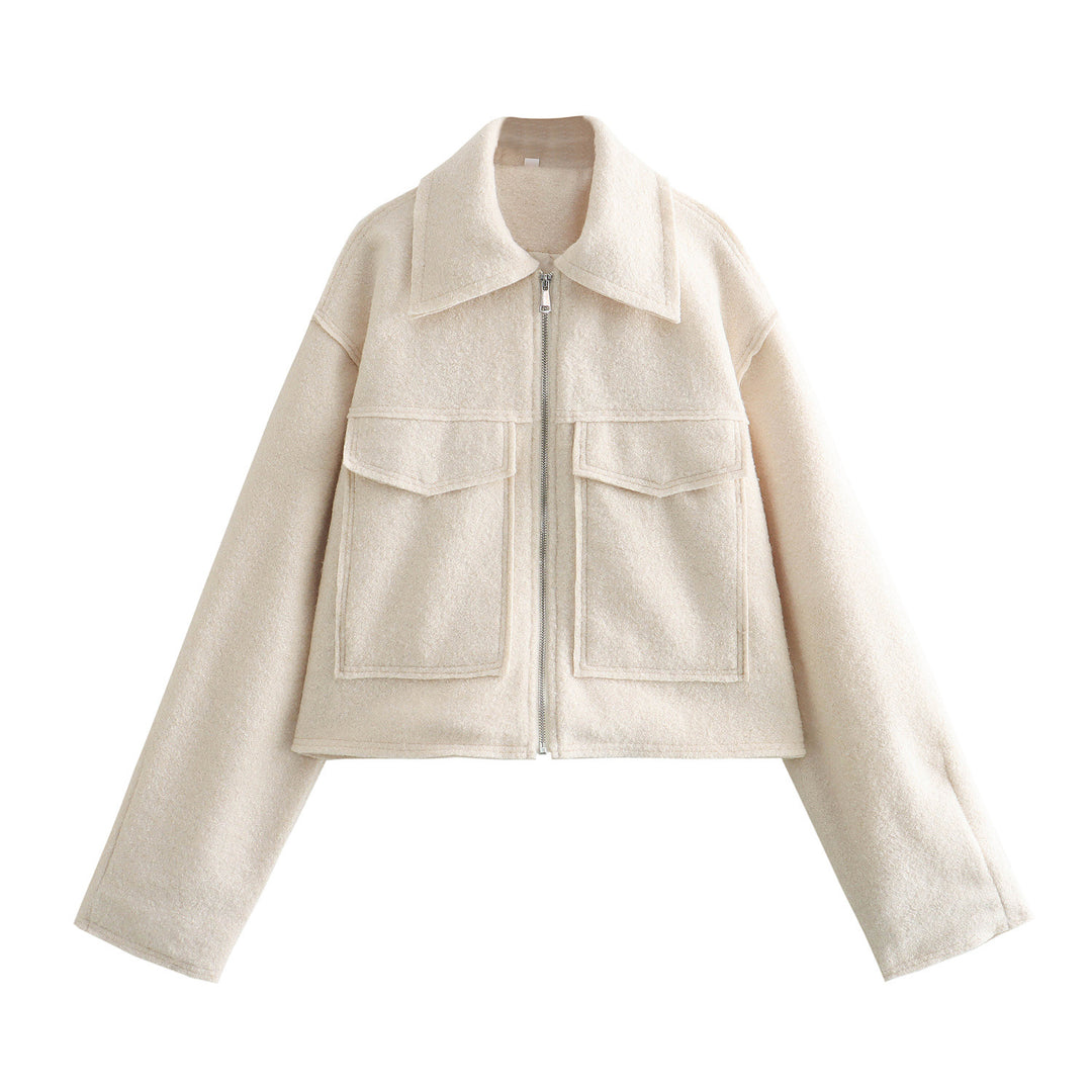 Damen Kurze Bouclé‑Jacke im Boxy‑Cut mit Reißverschluss und Pattentaschen Drune