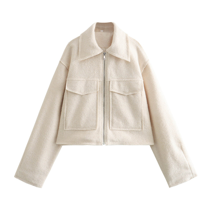 Damen Kurze Bouclé‑Jacke im Boxy‑Cut mit Reißverschluss und Pattentaschen Drune