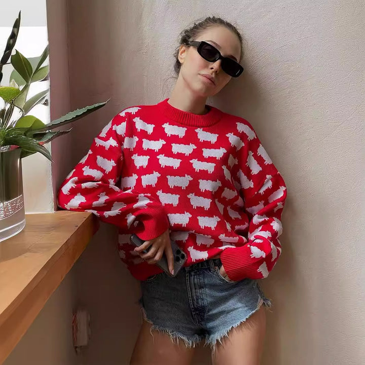 Damen Gemusterter Strickpullover mit Schafmotiven Drune