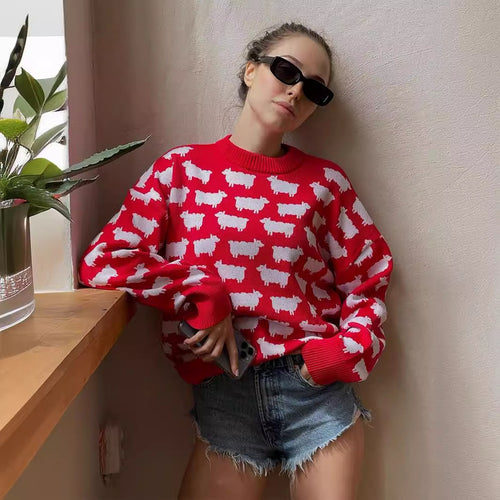 Damen Gemusterter Strickpullover mit Schafmotiven Drune