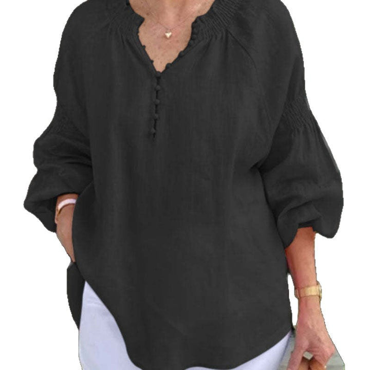 Damen lässige Kleidungsbluse mit Ballonärmeln und Knopfleiste Drune