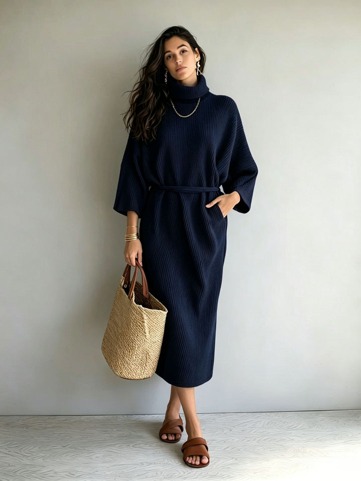Damen Midilanges Rippenstrickkleid mit Rollkragen, Dreiviertelärmeln und Bindegürtel Drune