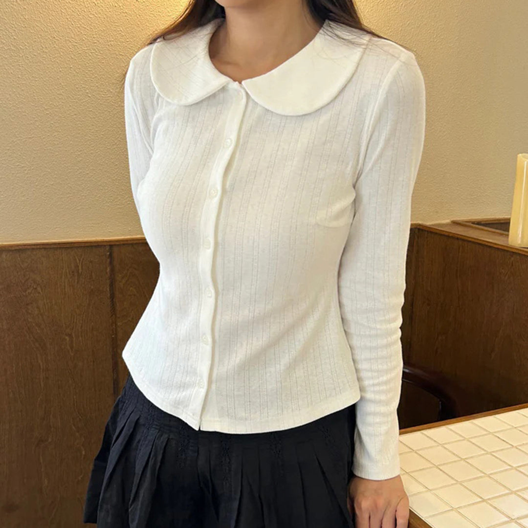 Damen Langarm-Crop-Top mit stilvollem Kragen und Knopfleiste Drune