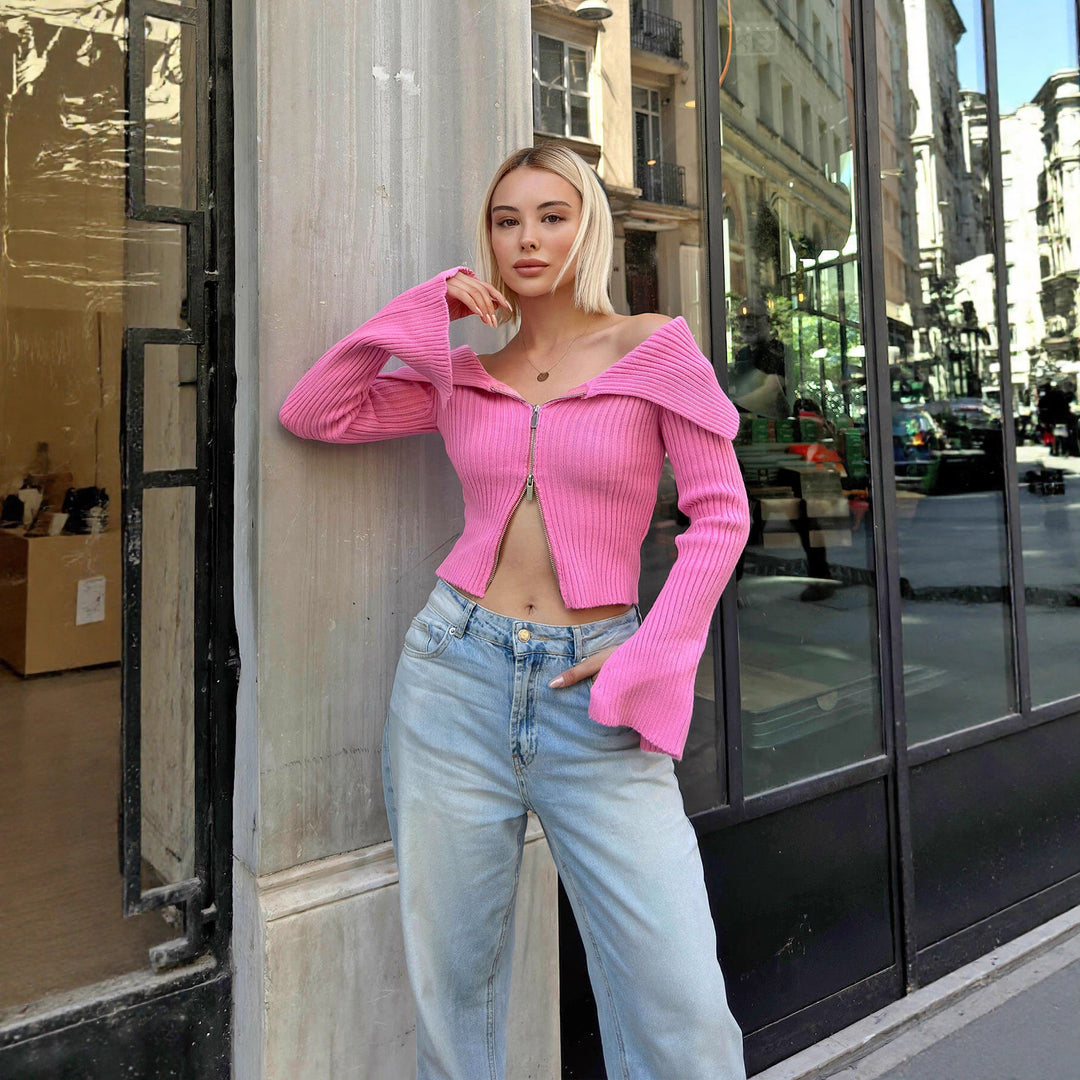 Damen modischer Off-Shoulder Pullover mit Reißverschluss Drune