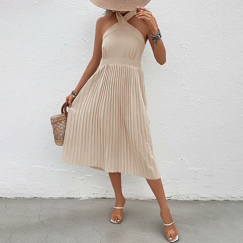 Damen Spitzenärmel Kleid mit Taillierung und Plissee-Design Drune