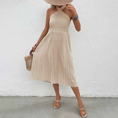 Damen Spitzenärmel Kleid mit Taillierung und Plissee-Design Drune