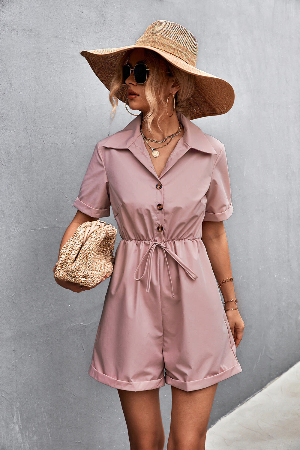 Damen Jumpsuit mit kurzen Ärmeln und taillierbarem Kordelzug Drune