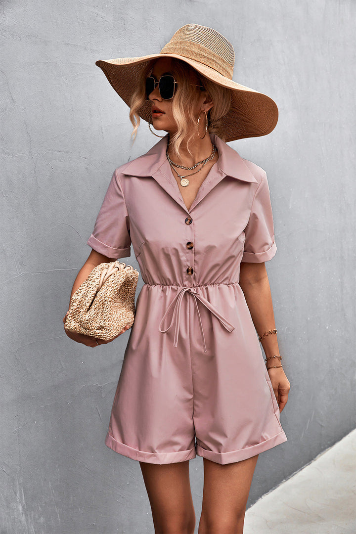 Damen Jumpsuit mit kurzen Ärmeln und taillierbarem Kordelzug Drune