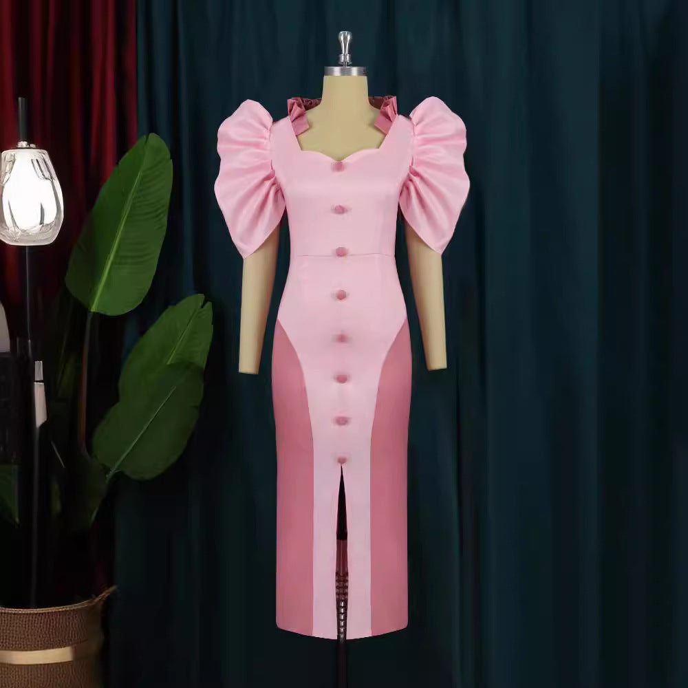 Damen Cocktailkleid mit voluminösen Puffärmeln und elegantem Schlitz Drune