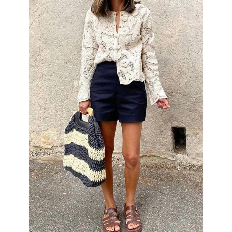 Damen Häkel-Cardigan mit Blumen‑Ajourmuster, Knopfleiste & gewelltem Saum Drune