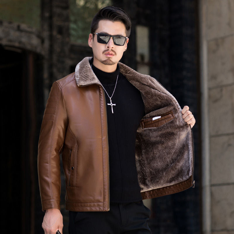 Herren Lederimitat-Übergangsjacke mit durchgehendem Teddyfutter und umlegbarem Kragen Drune