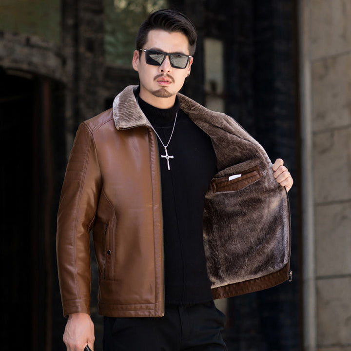 Herren Lederimitat-Übergangsjacke mit durchgehendem Teddyfutter und umlegbarem Kragen Drune