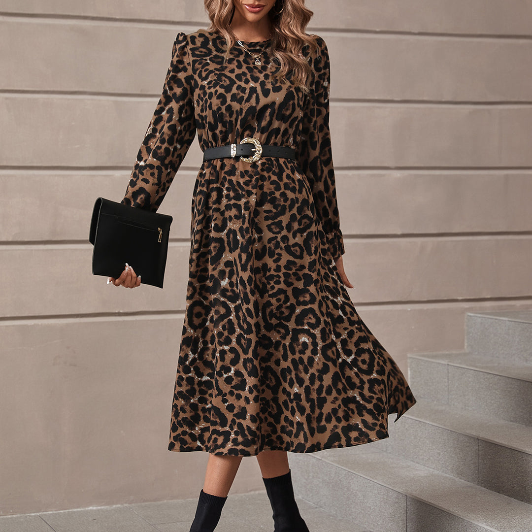Damen elegantes Maxikleid mit modernem Leopardenmuster und nostalgischen Puffärmeln Drune