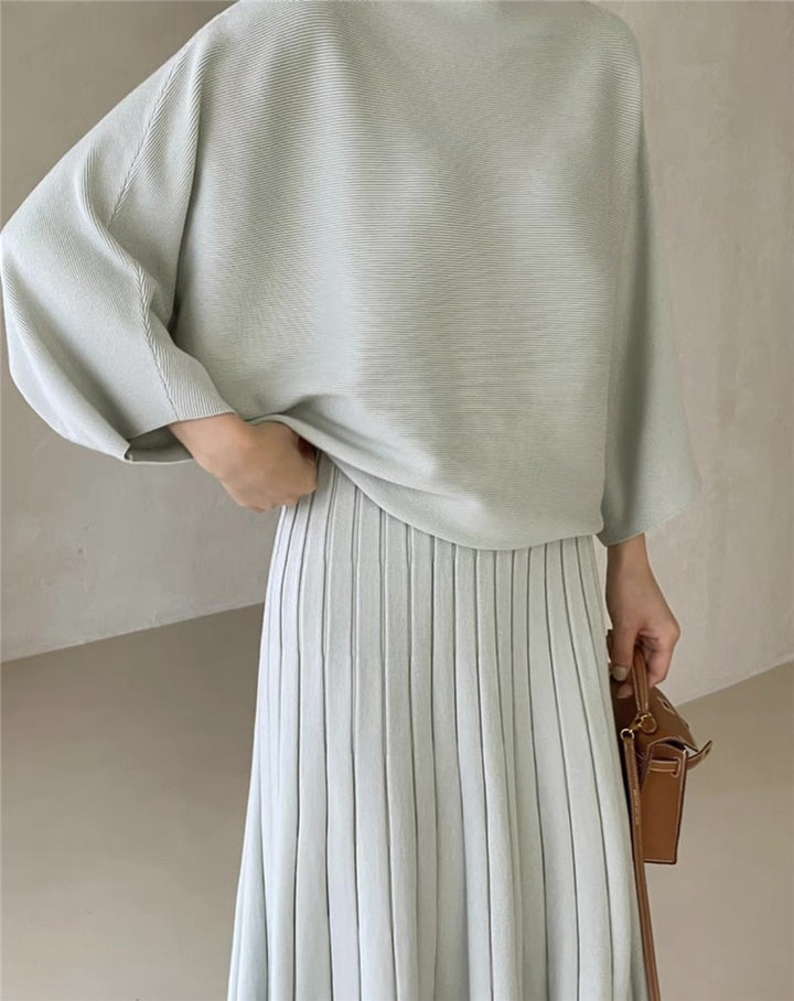 Damen Feines Strick-Set aus Viskosemix mit Oversize-Pullover und plissiertem Maxi-Rock Drune