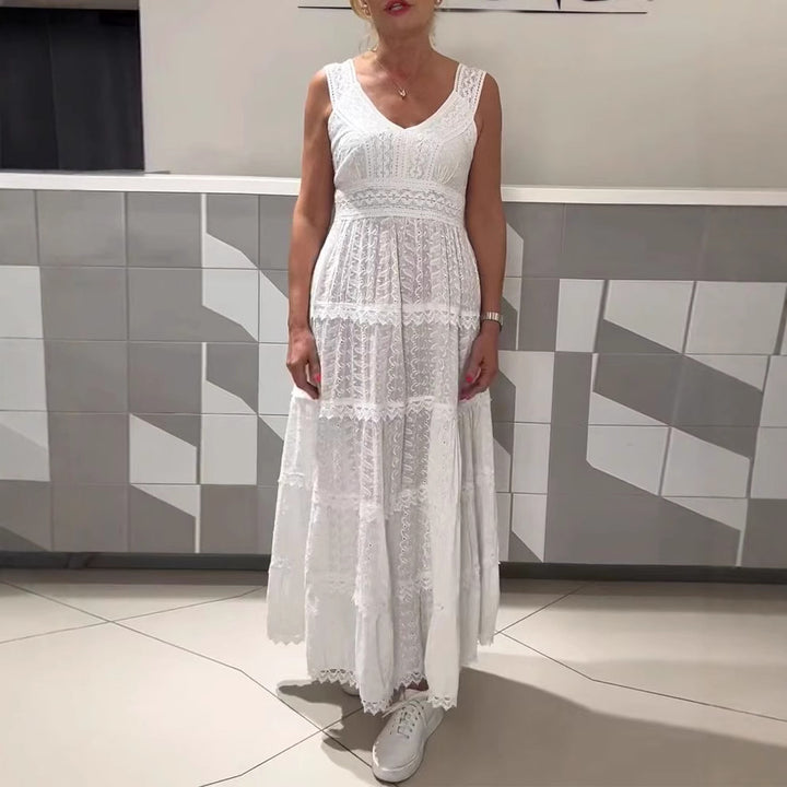Damen nan ärmelloses Boho-Spitzen-Lagenmaxikleid mit V-Ausschnitt und Empire-Taille Drune
