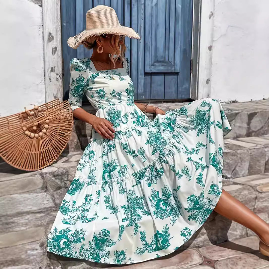 Damen Midikleid mit voluminösen Puffärmeln und floralem Design Drune