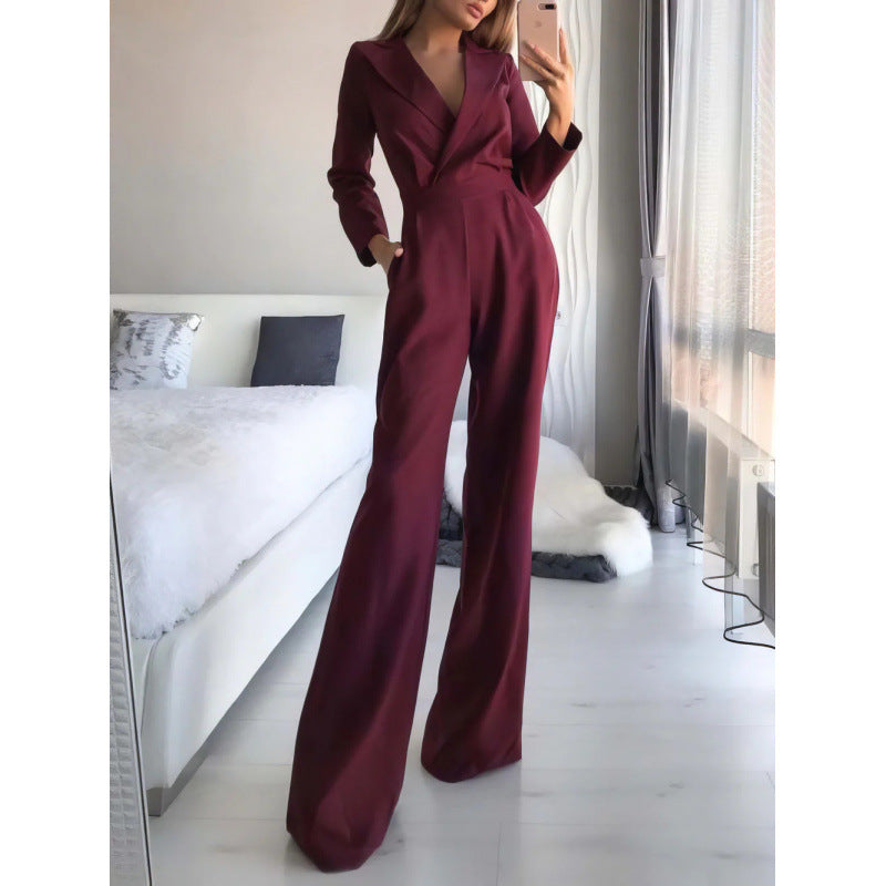Damen eleganter Jumpsuit mit langem Bein und klassischem Schauspielkragen Drune