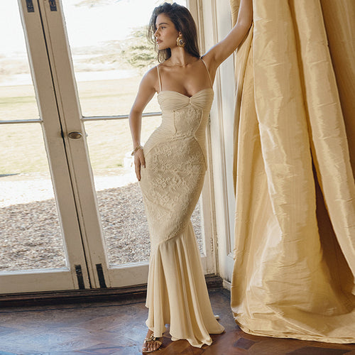 Damen Figurbetontes Maxikleid mit Spaghettiträgern und elegantem Drapierungsdesign Drune