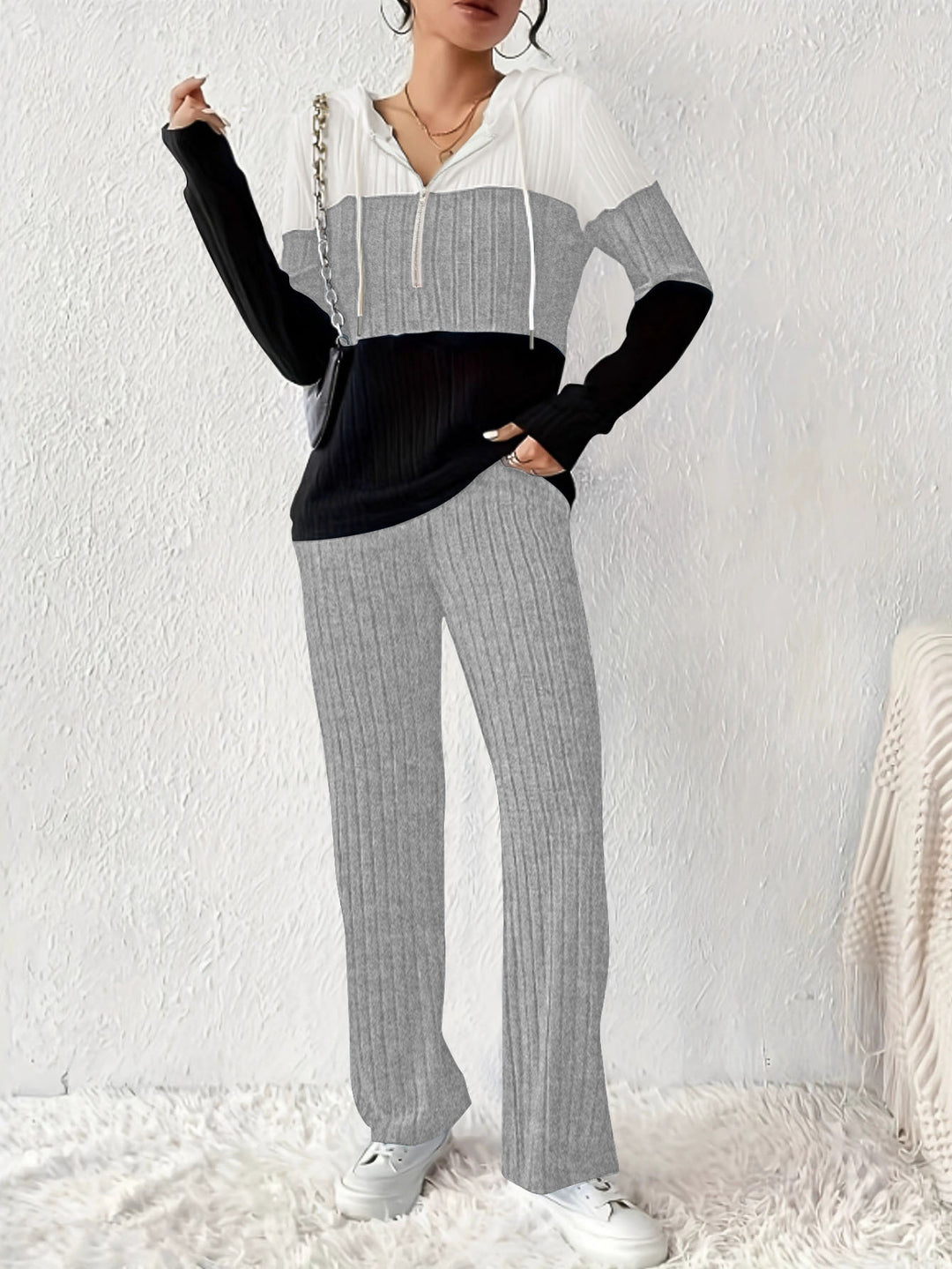 Damen Geripptes Lounge-Set mit Kapuzen-Halfzip und weitem Palazzo-Strickhose Drune