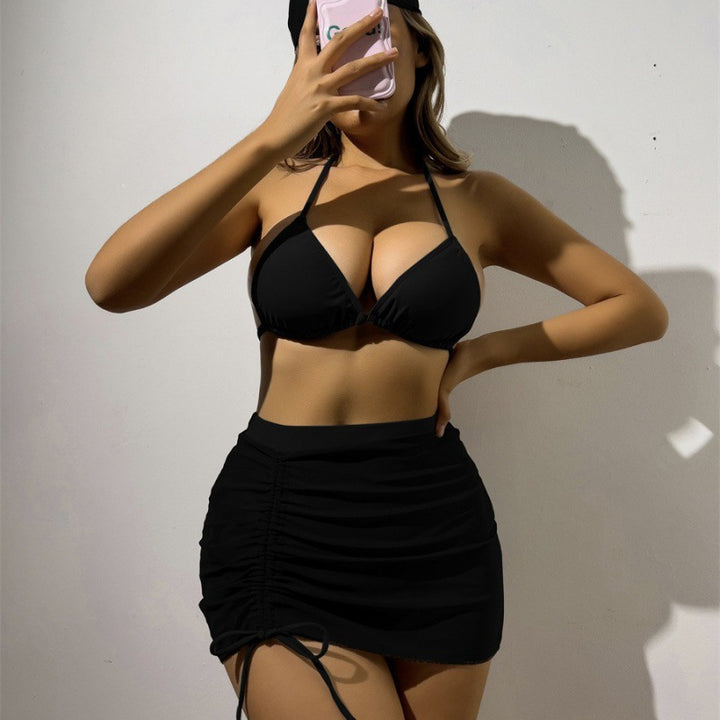Damen Triangelbikini-Set mit transparentem Überrock und modischem Stirnband Drune