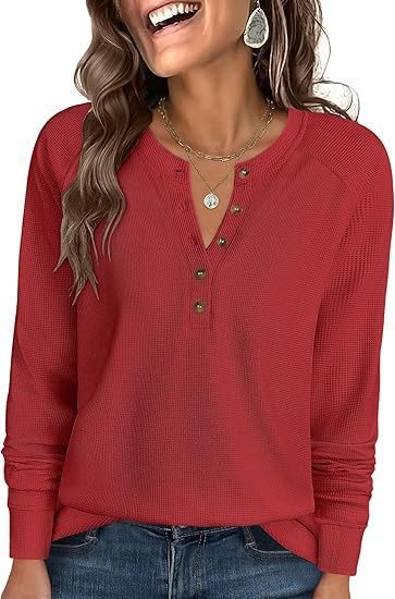 Damen Waffelstrick-Henley-Longsleeve mit Knopfleiste, Raglanärmeln und gerippten Bündchen Drune