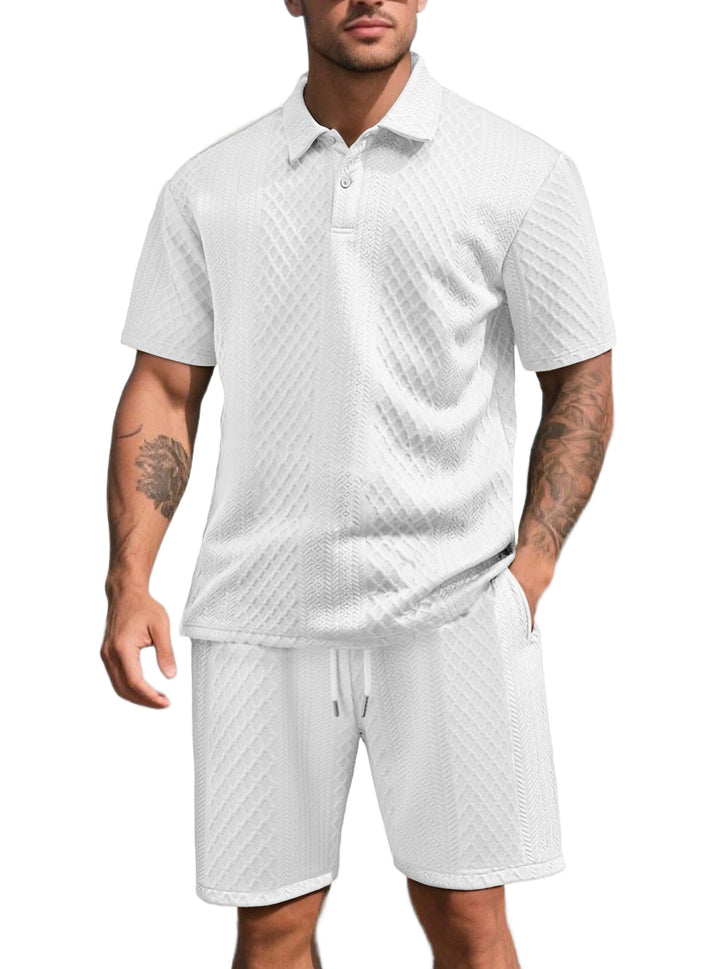 Herren nan dreidimensionales Relief-Freizeit-Set mit Polokragen, verdeckter Knopfleiste und elastischer Tunnelzugshorts Drune