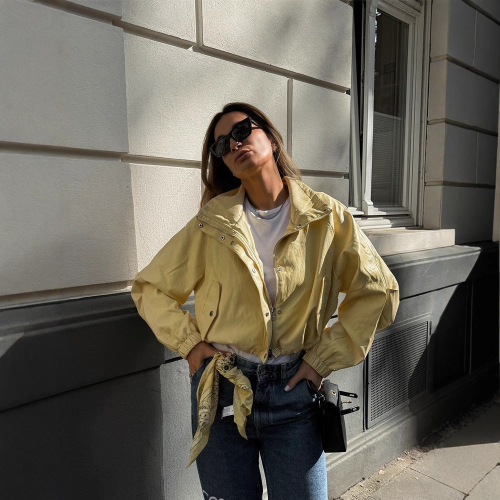 Damen Kurze Satinoptik-Bomberjacke mit Reißverschluss, Druckknöpfen & elastischen Bündchen Drune
