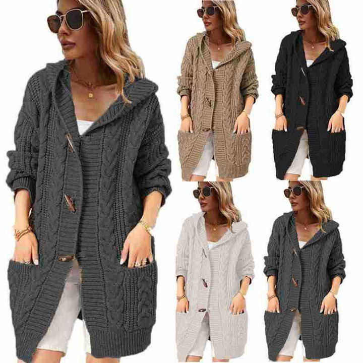 Damen Grobstrick Cardigan mit praktischen Taschen und kuscheliger Kapuze Drune