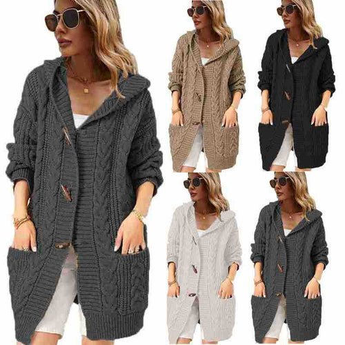 Damen Grobstrick Cardigan mit praktischen Taschen und kuscheliger Kapuze Drune
