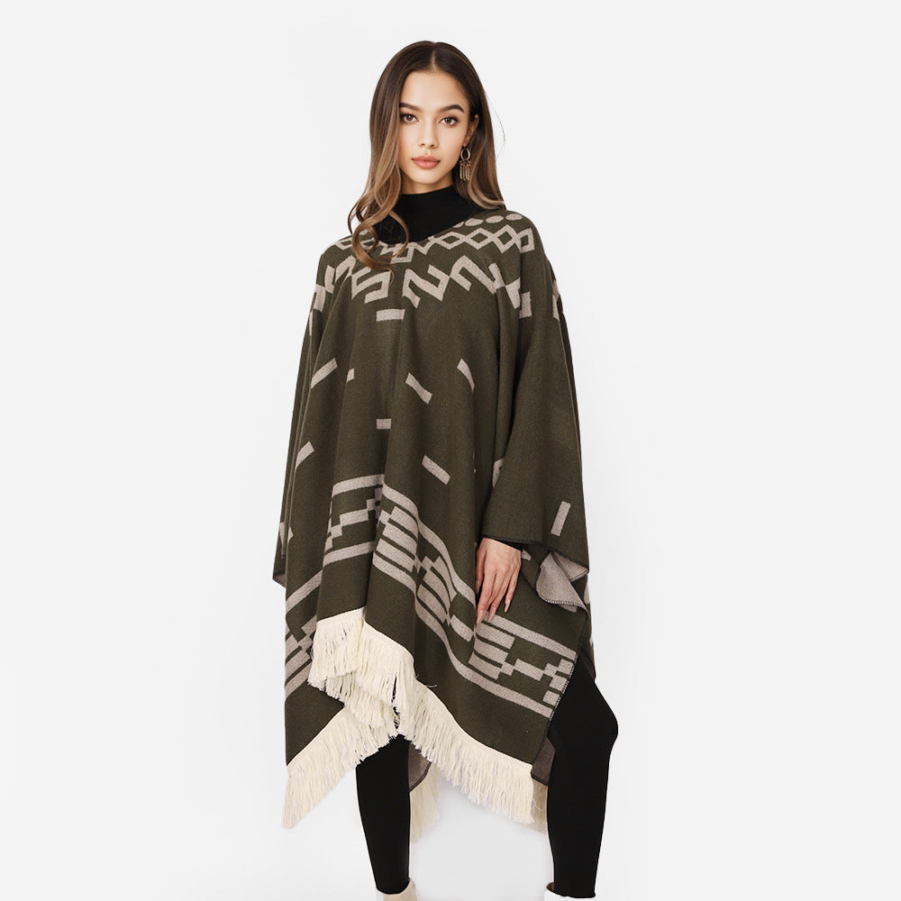 Damen V-Ausschnitt-Poncho im Jacquard-Strick mit Fransenabschluss Drune