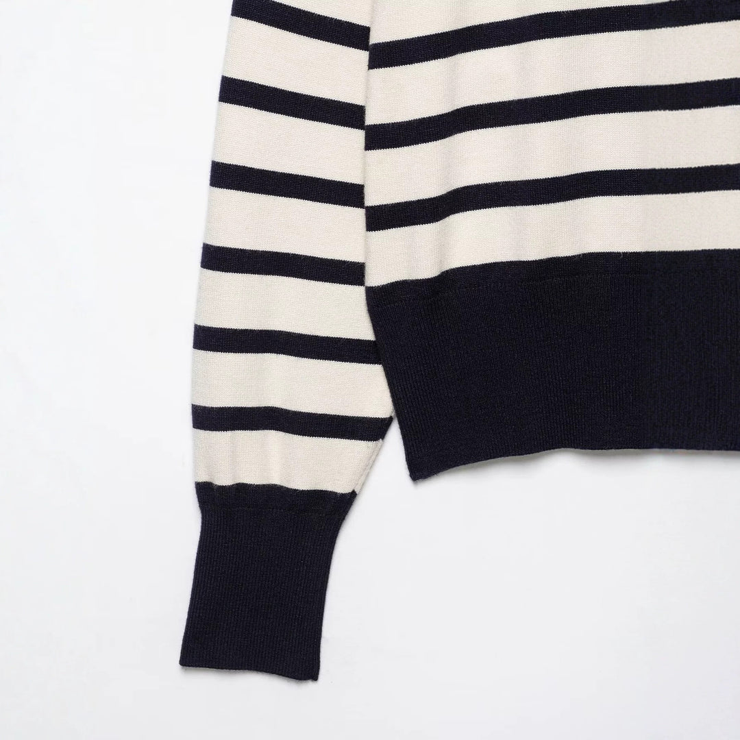Damen Gestreifter Feinstrick-Pullover mit Halbreißverschluss und Stehkragen Drune
