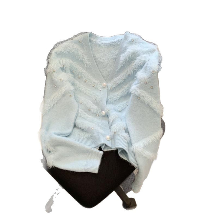 Damen Flauschiger Cardigan mit Perlen Drune