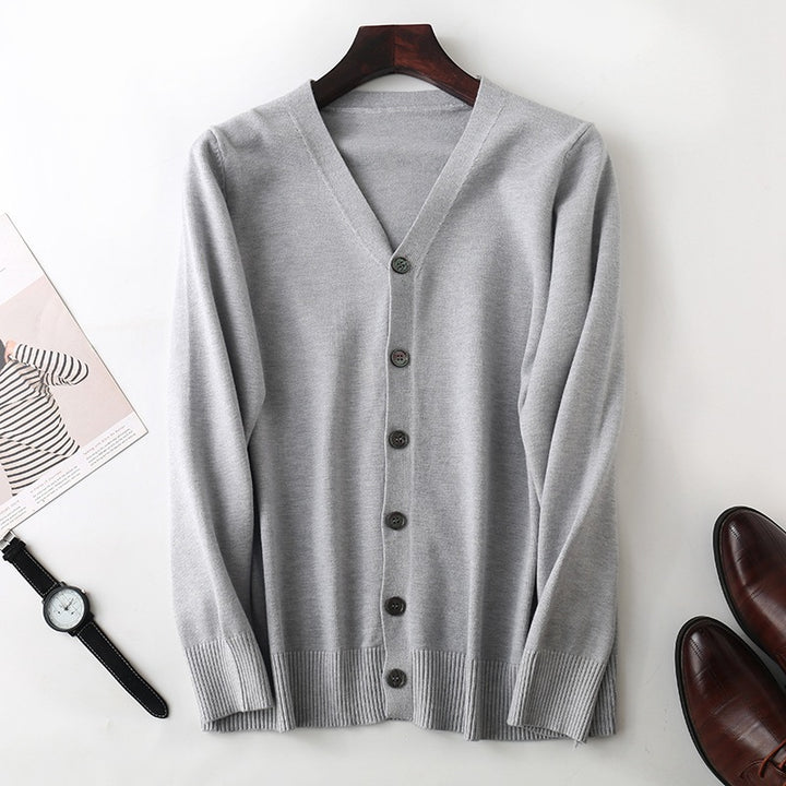 Herren Feiner V‑Ausschnitt-Cardigan aus leichtem Feinstrick mit geripptem Saum Drune