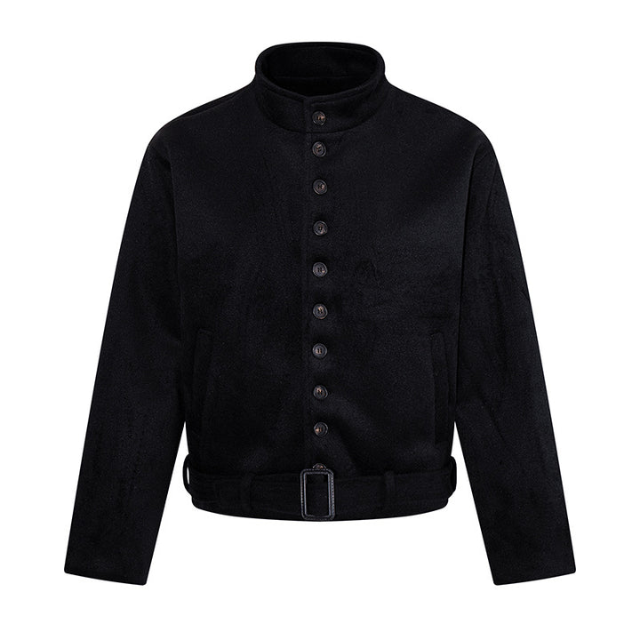 Herren Kurze Wollmix‑Jacke mit Stehkragen, durchgehender Knopfleiste und Taillengürtel Drune