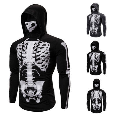 Herren Kapuzenpullover mit Skelett-Print, integriertem Multifunktionstuch und taillierter Passform Drune