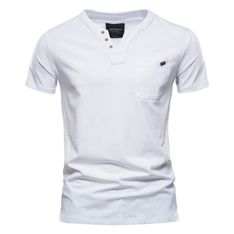 Herren V-Ausschnitt T-Shirt mit Druckknöpfen und Brusttasche Drune