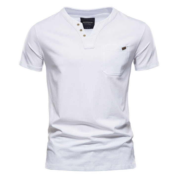 Herren V-Ausschnitt T-Shirt mit Druckknöpfen und Brusttasche Drune