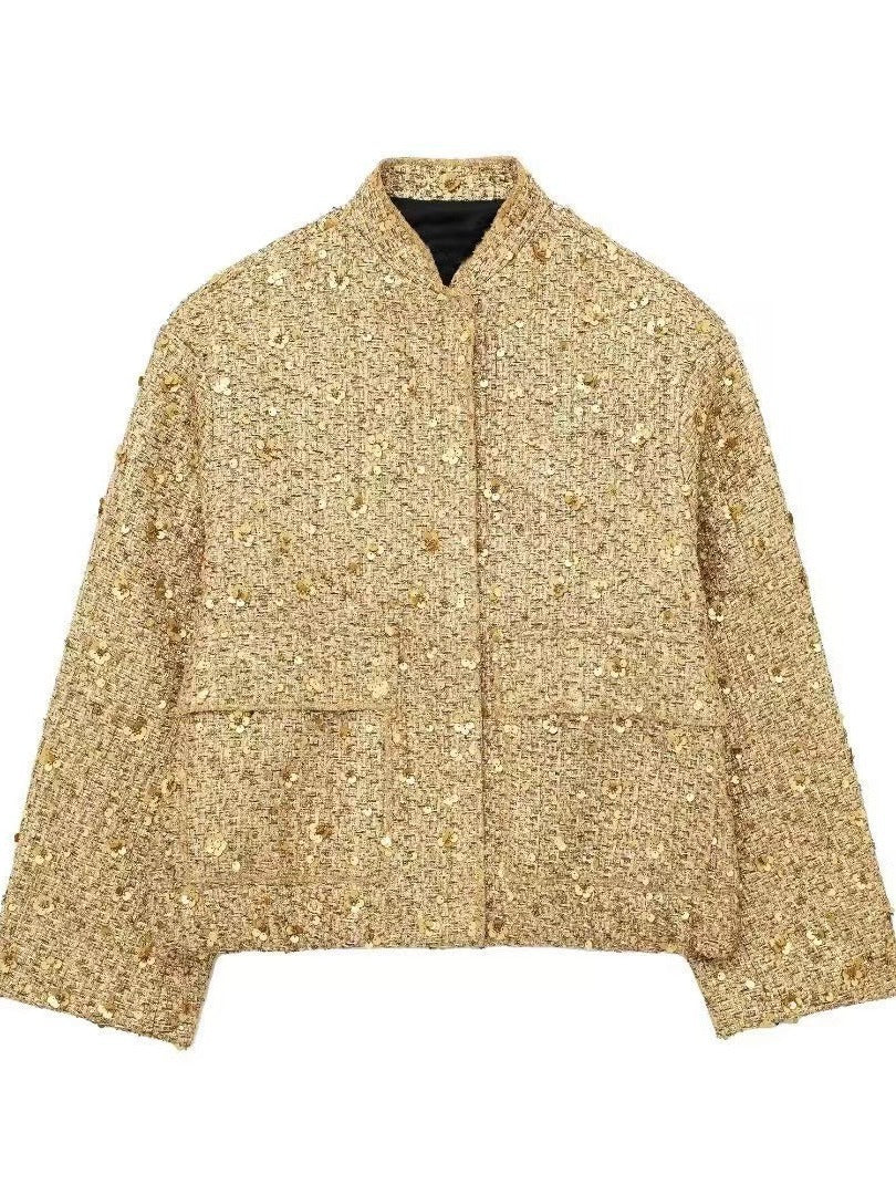 Damen nan strukturierte Boucléjacke mit Stehkragen, aufgesetzten Taschen und elastischem Saum Drune