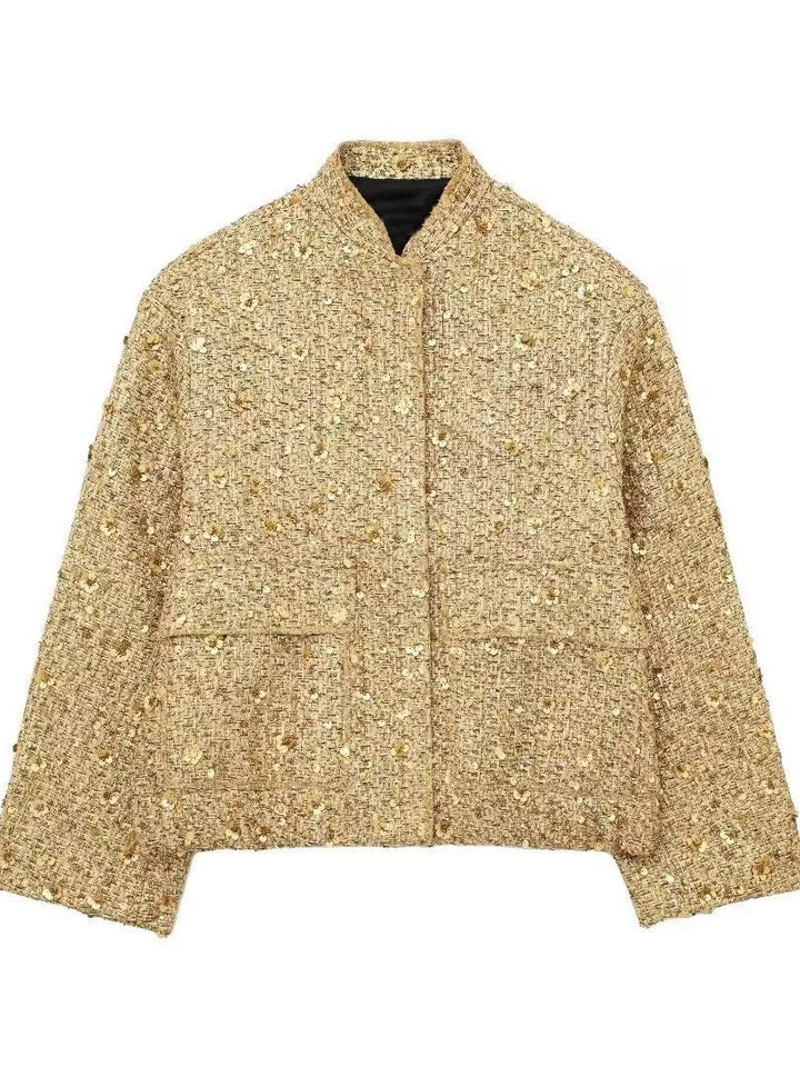 Damen nan strukturierte Boucléjacke mit Stehkragen, aufgesetzten Taschen und elastischem Saum Drune