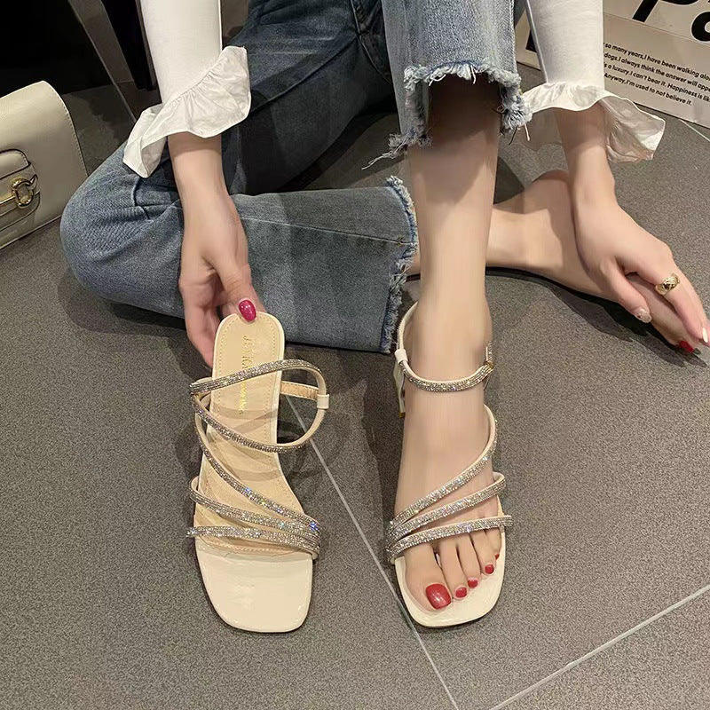 Damen Elegante Strass‑Riemchen Sandaletten mit quadratischer Zehenbox und stabilem Blockabsatz Drune