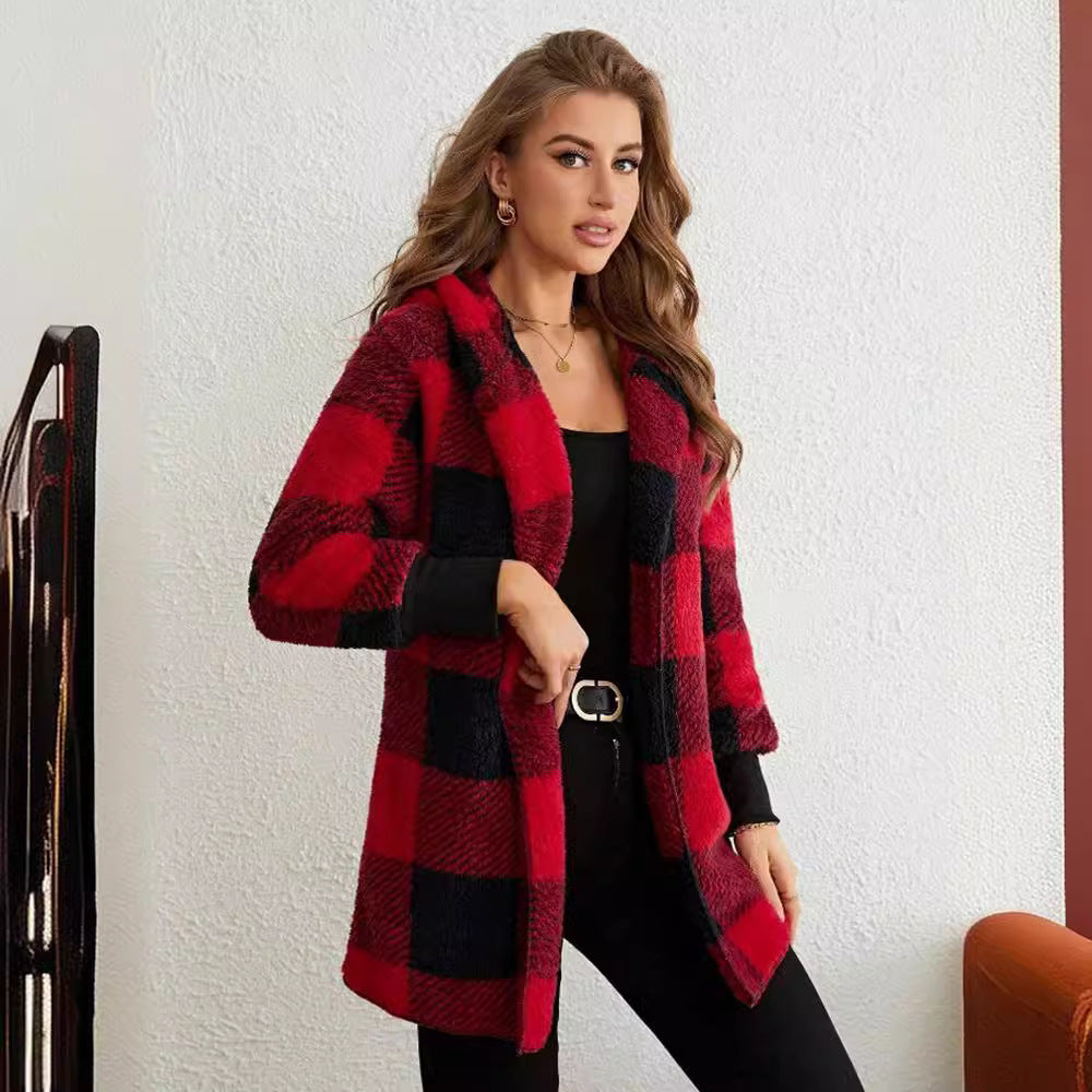 Damen nan karierter Teddy-Mantel mit großem Reverskragen und Rippbündchen Drune