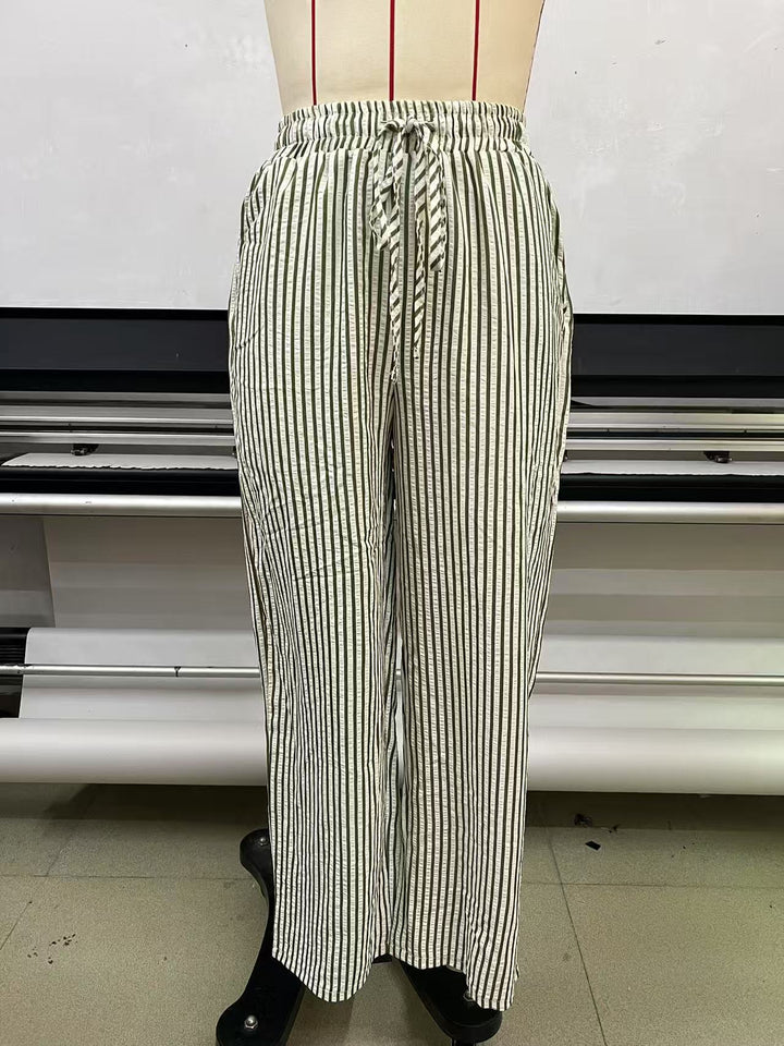 Damen Marlene-Streifenhose aus Leinenmix mit weitem Bein, Elastikbund und Kordelzug Drune