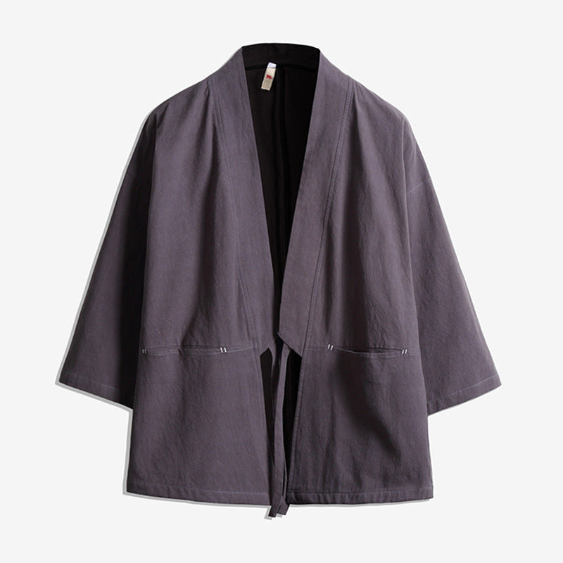 Unisex nan lässige Kimono-Jacke aus leichtem Baumwollmix mit weiter Passform und Bindegürtel Drune