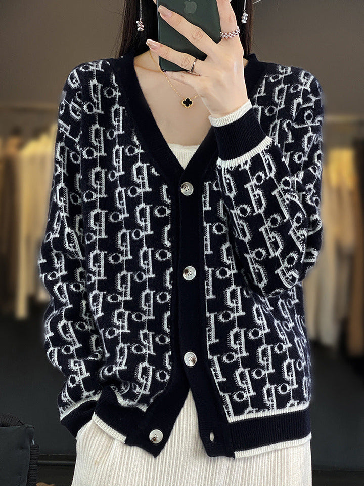 Damen Gemusterter Jacquard-Strickcardigan mit V-Ausschnitt und Perlmuttknöpfen Drune